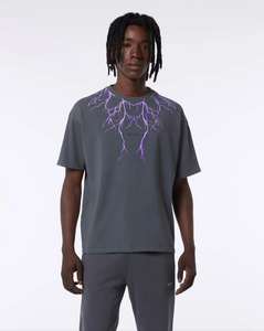 GREY T-SHIRT WITH PURPLE LIGHTNING ON FRONT