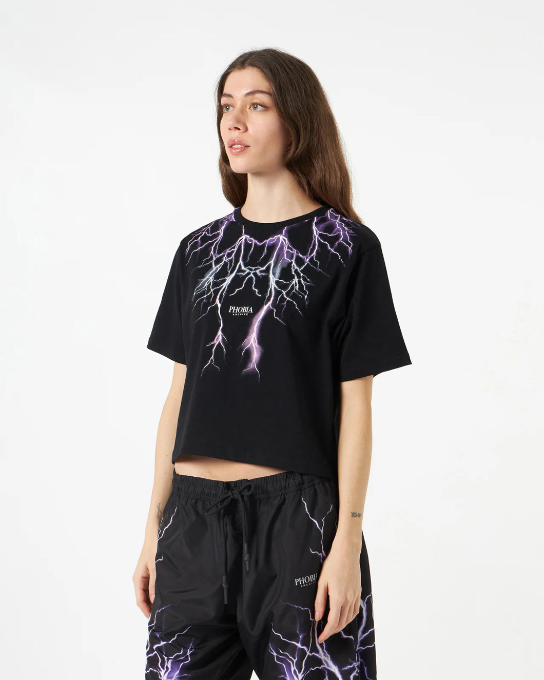 BLACK CROP T-SHIRT WITH PURPLE GREY FUXIA LIGHT